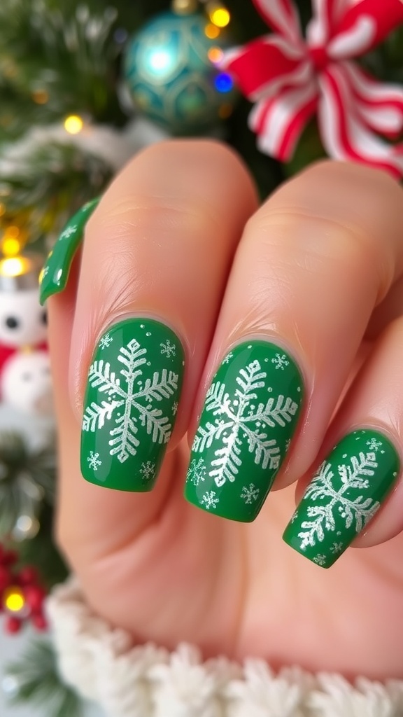 Close-up of Christmas green nail art with snowflakes and glitter on a festive background.